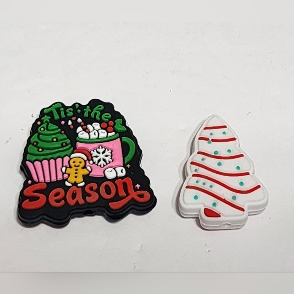 Christmas Tis the Season Christmas Tree‎ Cake  Focal Bead 2 pc Crafts
